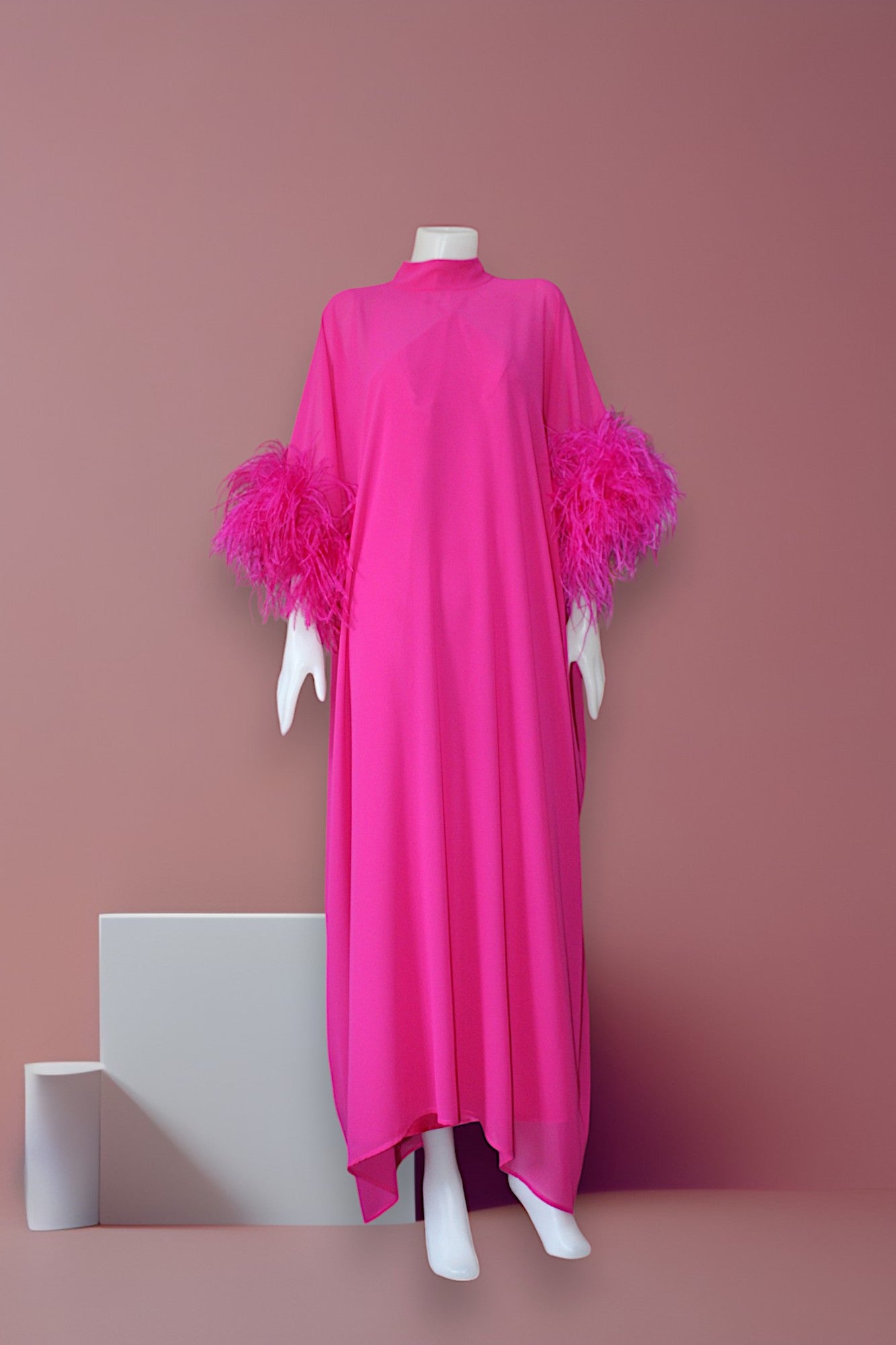 MARAYA Fuchsia Kaftan Shift Evening Maxi Feather dress