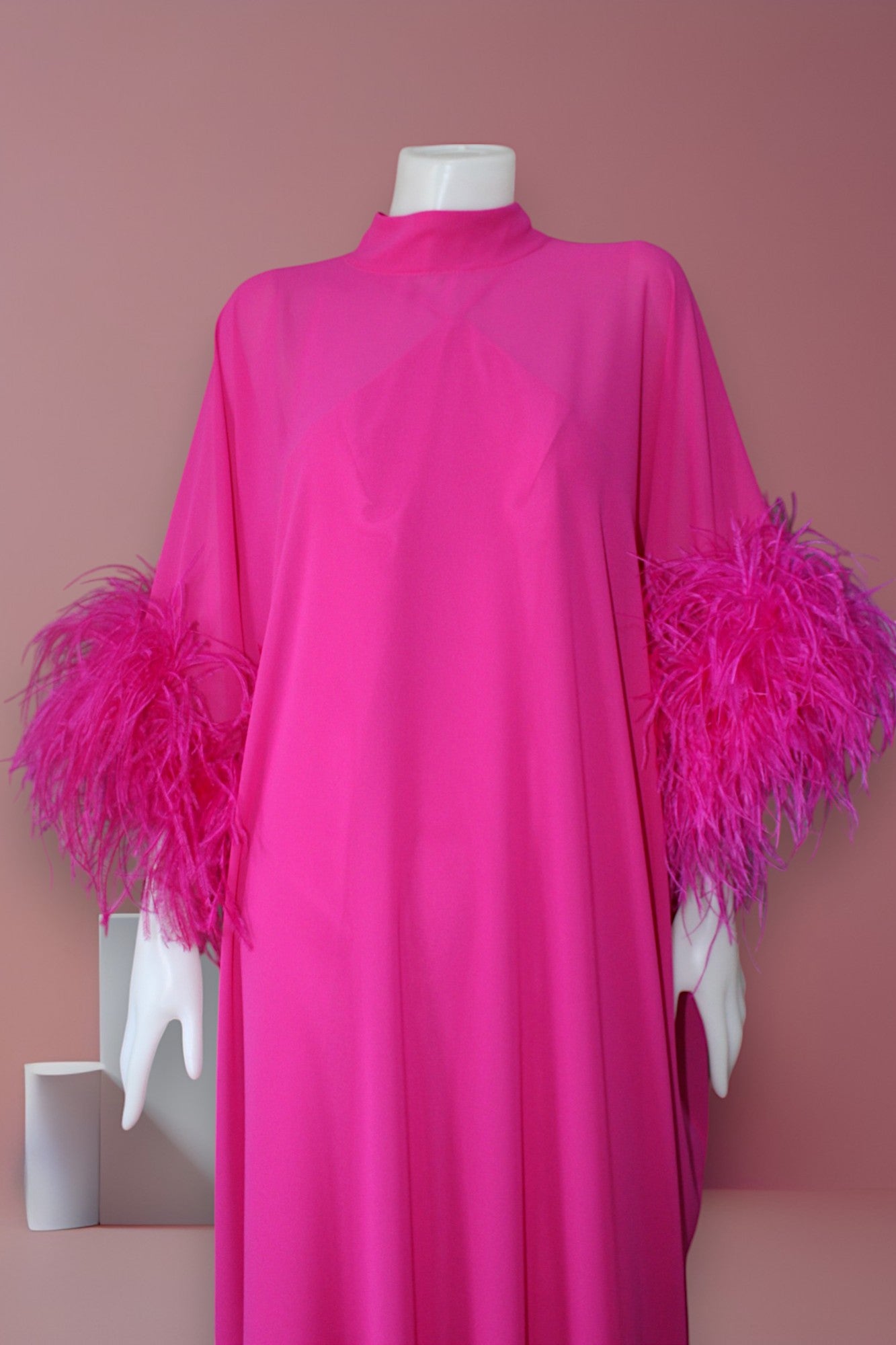 MARAYA Fuchsia Kaftan Shift Evening Maxi Feather dress
