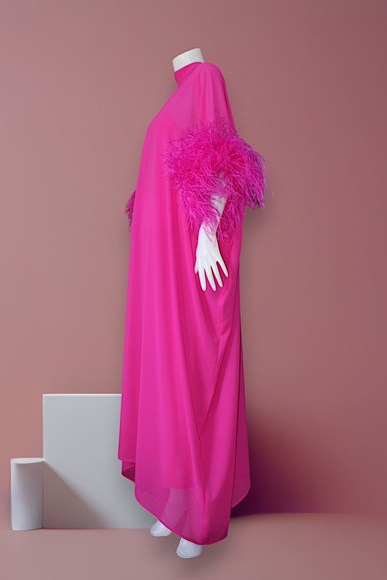 MARAYA Fuchsia Kaftan Shift Evening Maxi Feather dress