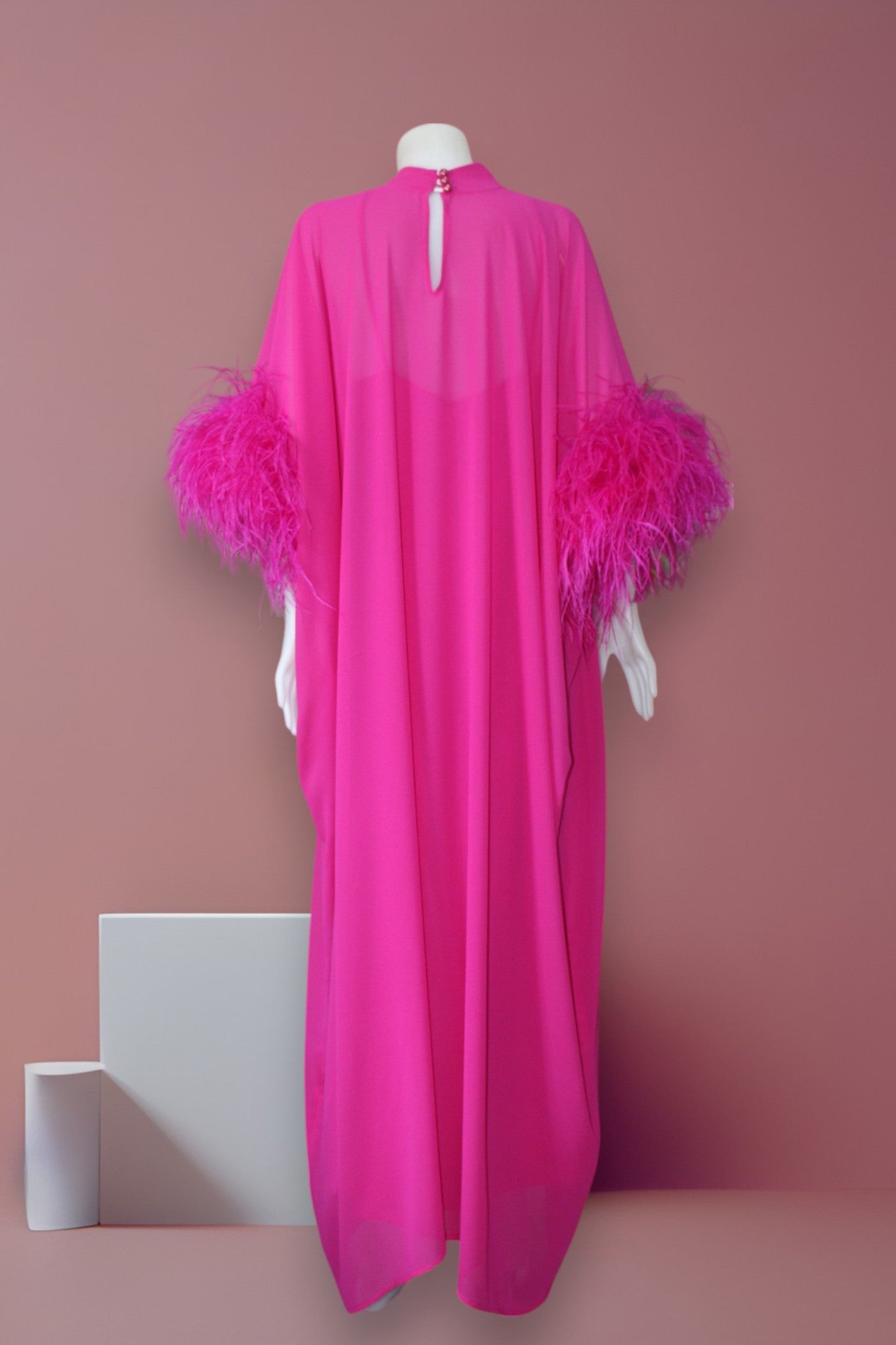 MARAYA Fuchsia Kaftan Shift Evening Maxi Feather dress