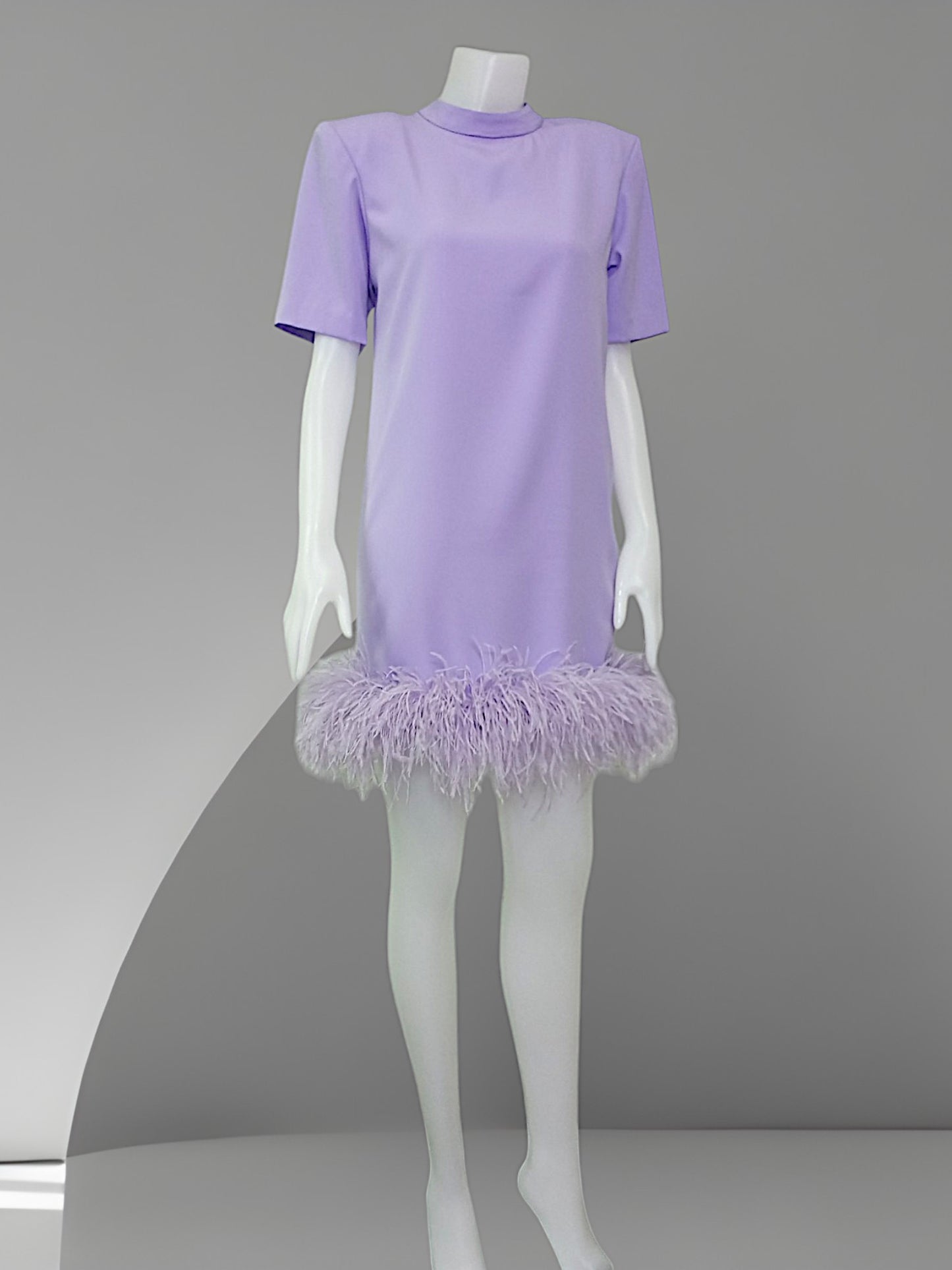 MARAYA High neck short Sleeve Feather Trim Mini Dress