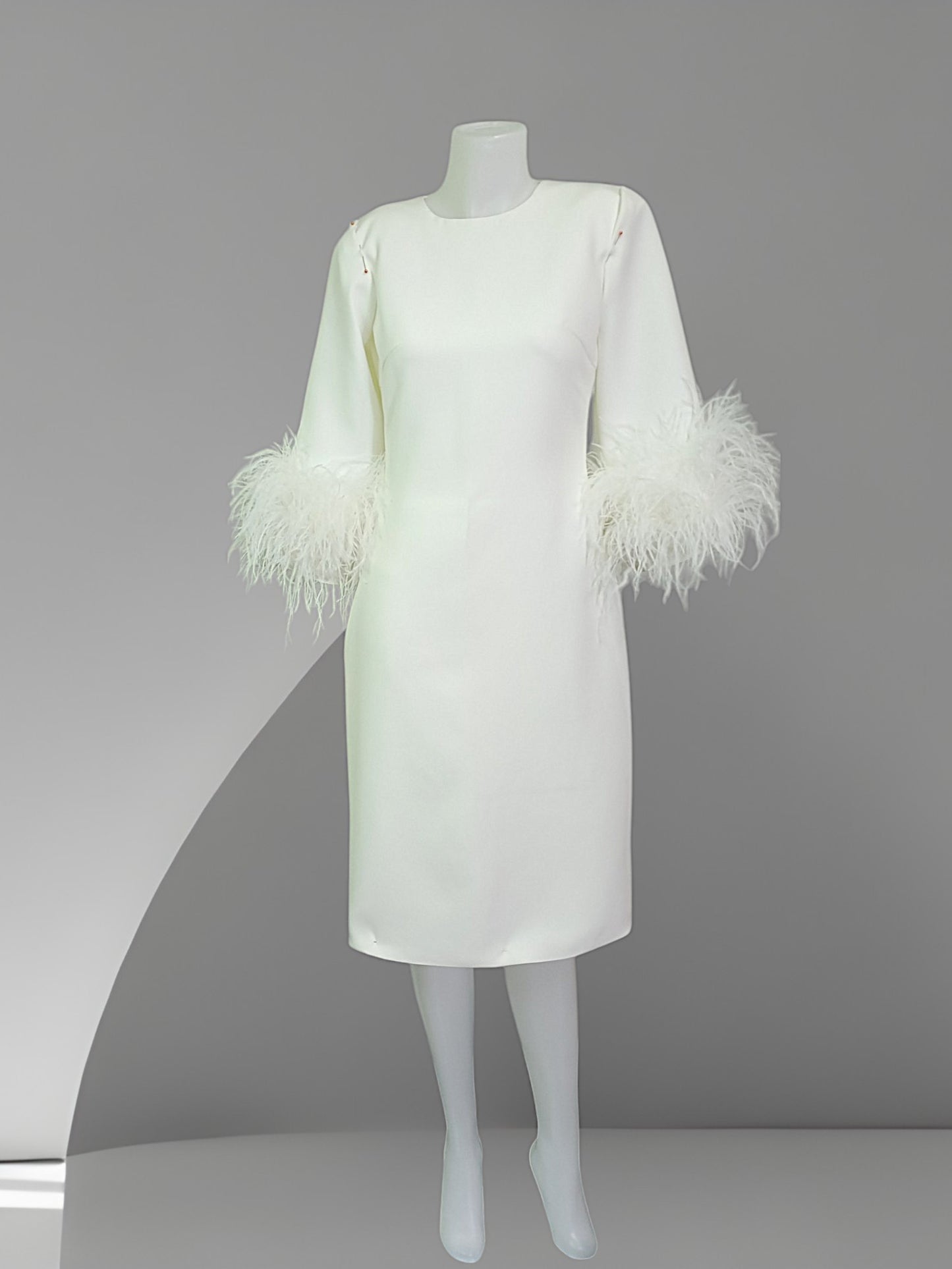 MARAYA Ivory Feather Trim Midi Dress