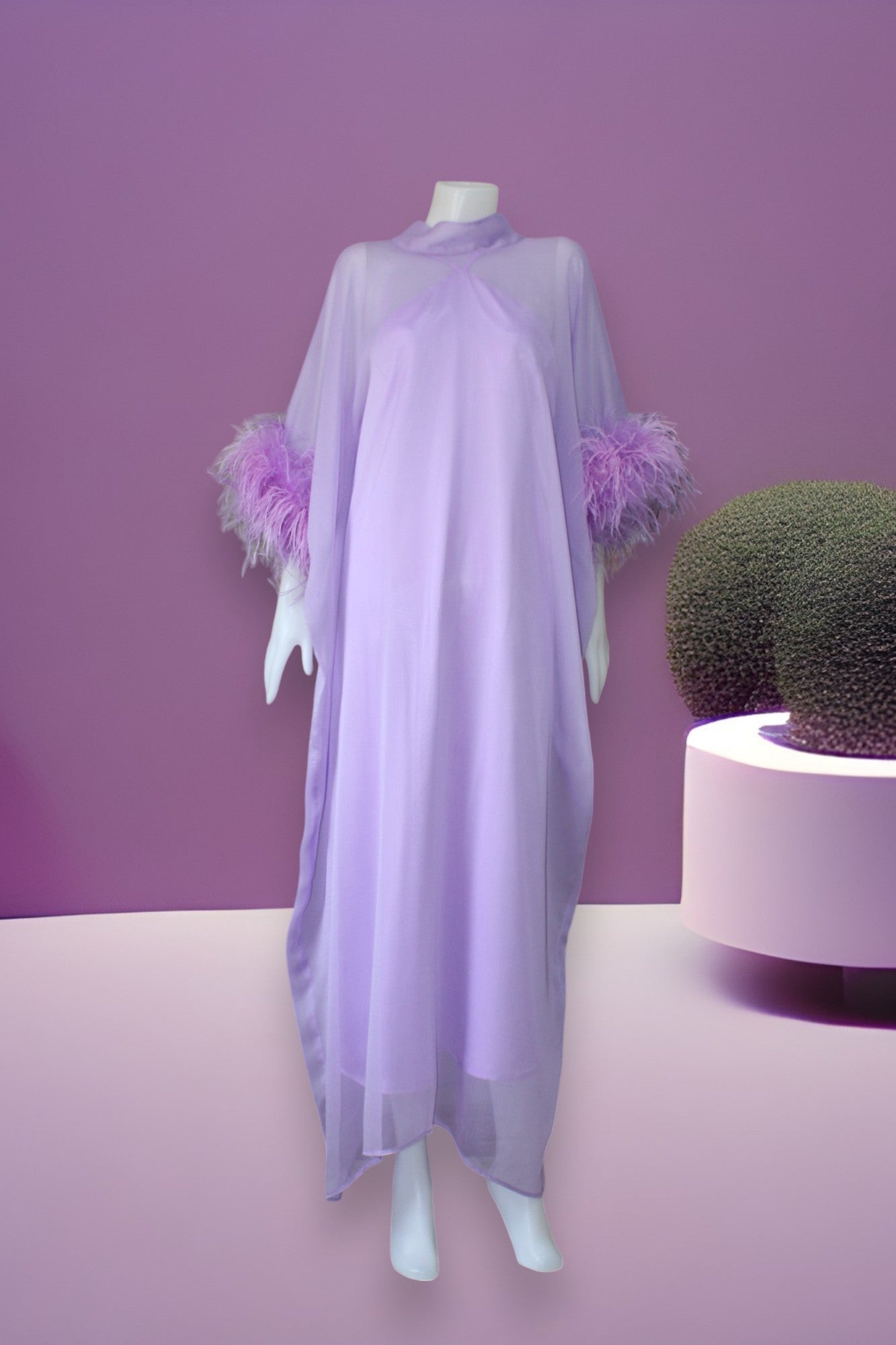 MARAYA Lavender Kaftan Shift Evening Maxi Feather dress