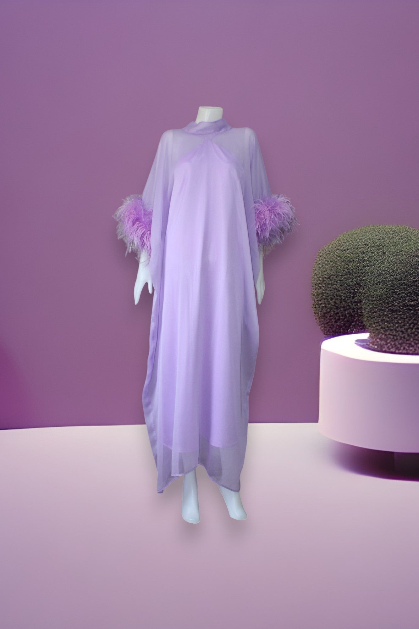 MARAYA Lavender Kaftan Shift Evening Maxi Feather dress