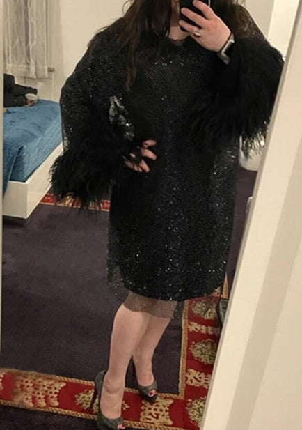 MARAYA Long Sleeve Rhinestone Mesh Cocktail Dress