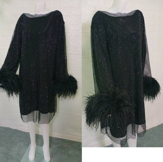 MARAYA Long Sleeve Rhinestone Mesh Cocktail Dress