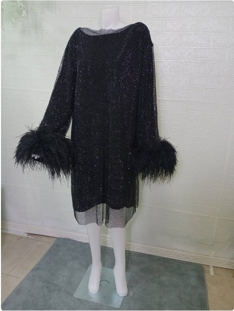 MARAYA Long Sleeve Rhinestone Mesh Cocktail Dress