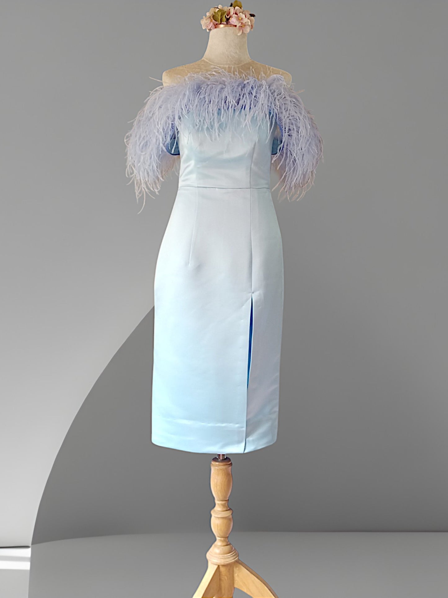 MARAYA Off-Shoulder Feather MIdi Dress, Wedding Dress