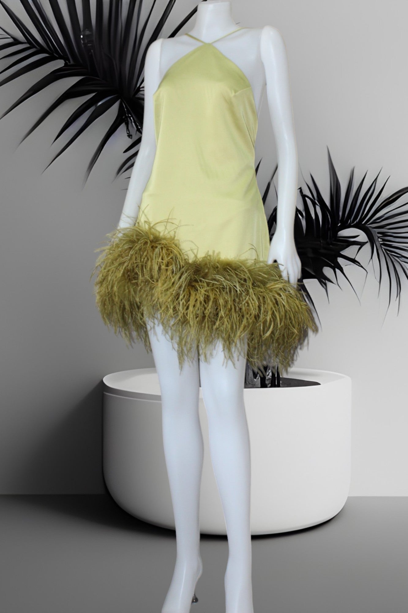 MARAYA Olive Yellow Satin Halter Neck Mini Feather Dress