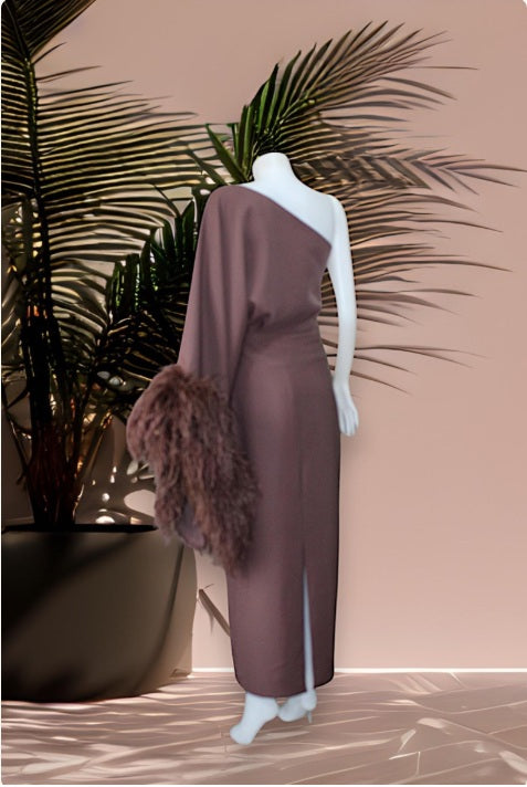 MARAYA One-Shoulder Brown Waist Jump Maxi Slit Feather Dress
