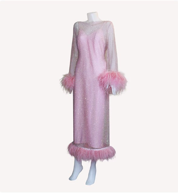 MARAYA Pink Rhinestone mesh Long Sleeve Mesh Maxi Dress With Slip dress