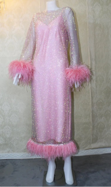 MARAYA Pink Rhinestone mesh Long Sleeve Mesh Maxi Dress With Slip dress