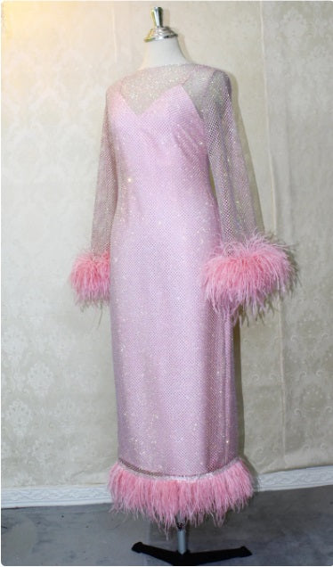 MARAYA Pink Rhinestone mesh Long Sleeve Mesh Maxi Dress With Slip dress