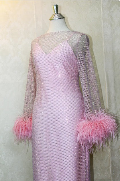 MARAYA Pink Rhinestone mesh Long Sleeve Mesh Maxi Dress With Slip dress