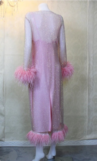 MARAYA Pink Rhinestone mesh Long Sleeve Mesh Maxi Dress With Slip dress