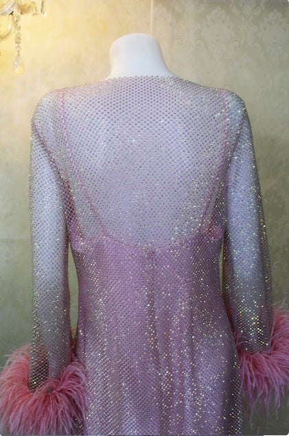 MARAYA Pink Rhinestone mesh Long Sleeve Mesh Maxi Dress With Slip dress
