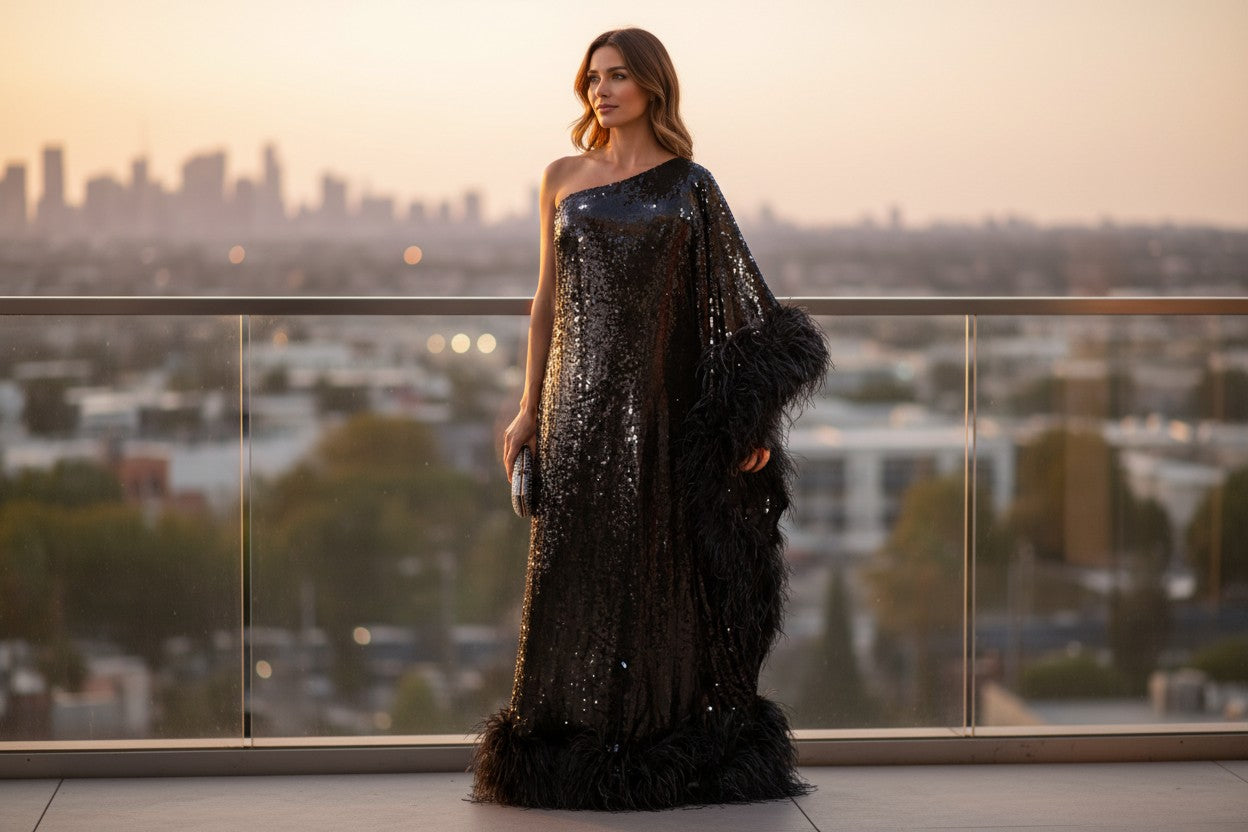 MARAYA Plus Size Black Sequin One-Shoulder Feather Maxi Dress –  THEIDEACRAFTS: Feather Dress | Elegant & Sexy Dress
