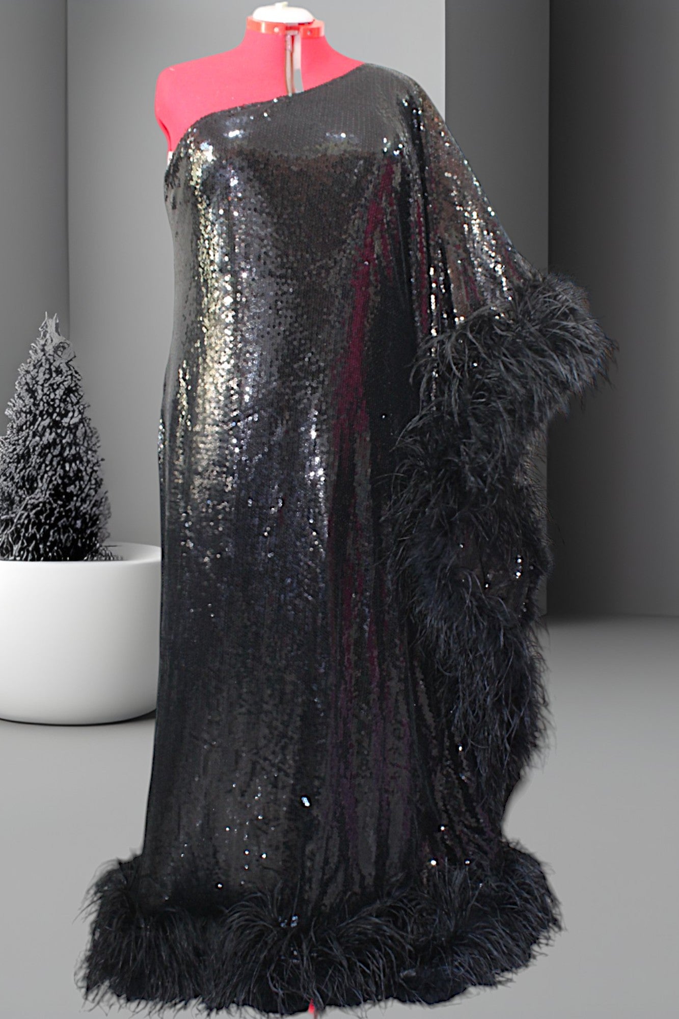 MARAYA Plus Size Black Sequin One-Shoulder Feather Maxi Dress