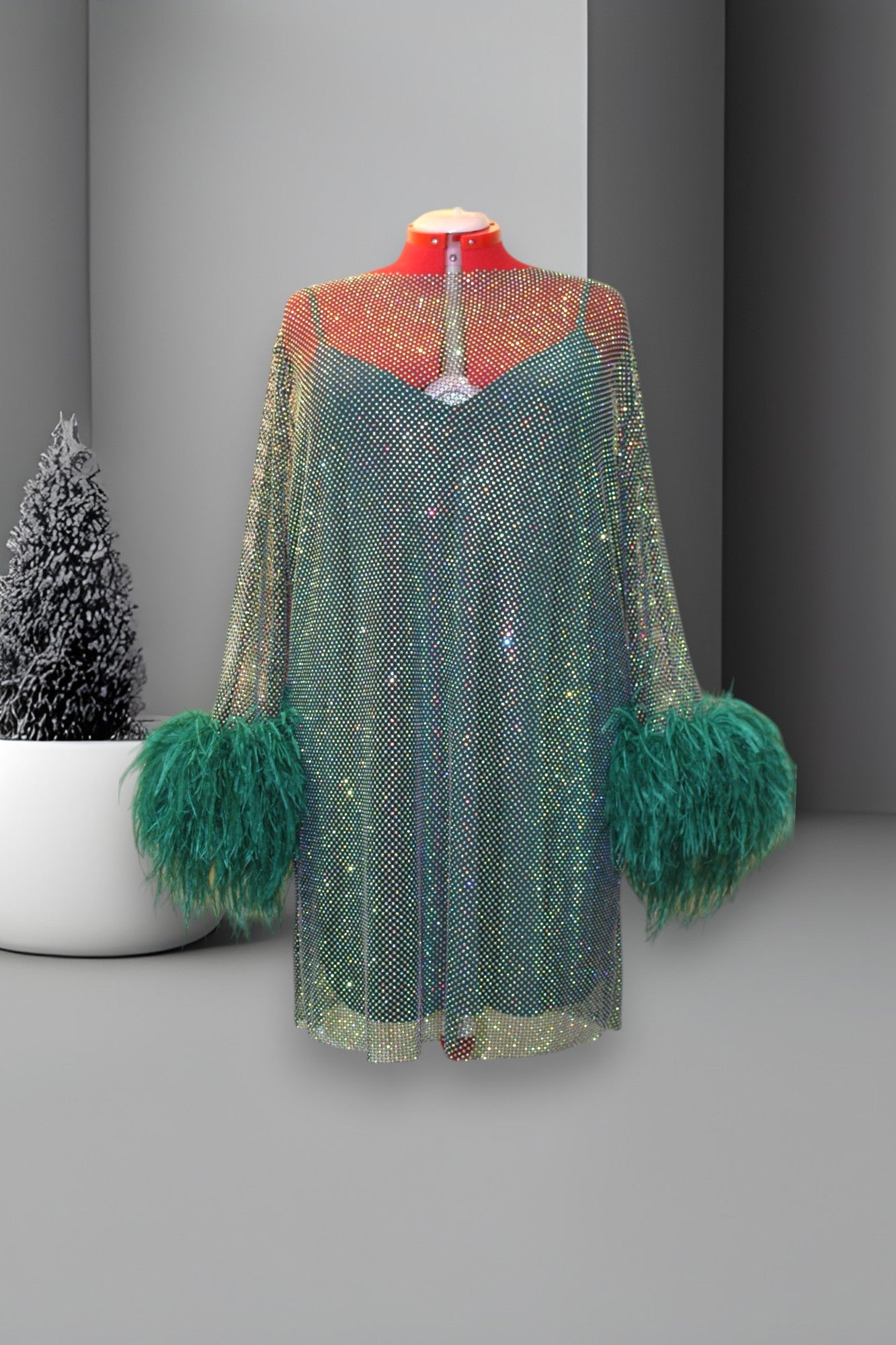MARAYA Plus Size Green Rhinestone Mesh Long Sleeve Mini Feather Dress With Slip Dress