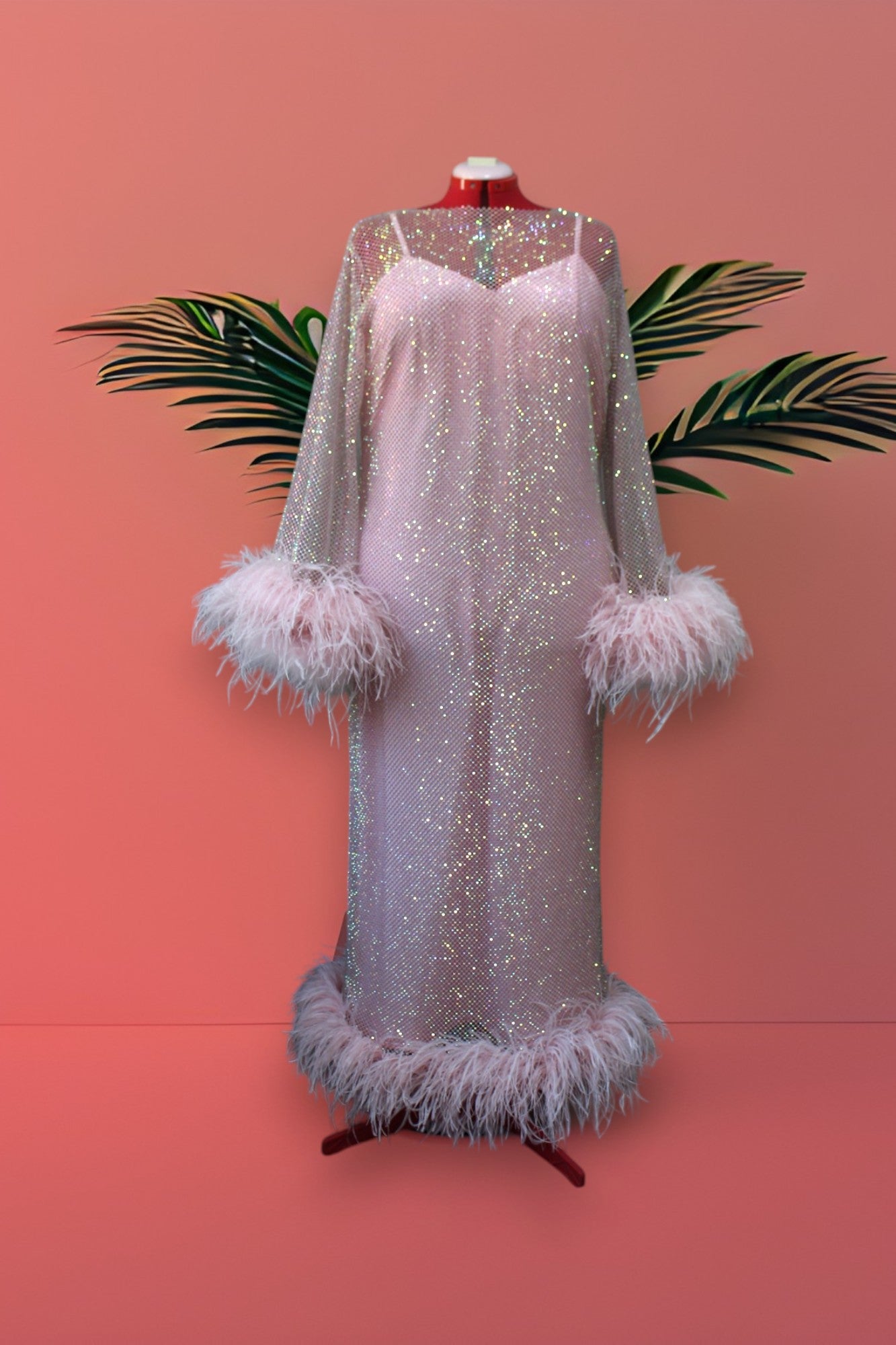 MARAYA Plus Size Pink Rhinestone Mesh Long Sleeve Bottom Maxi Feather Dress
