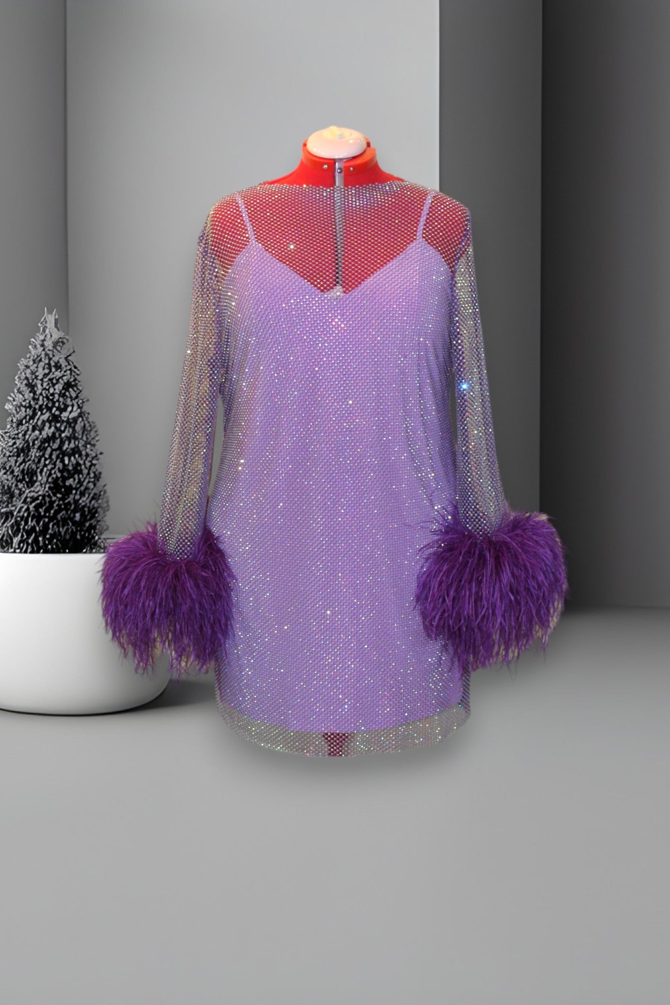 MARAYA Plus Size Purple Rhinestone Mesh Long Sleeve Mini Feather Dress With Slip Dress