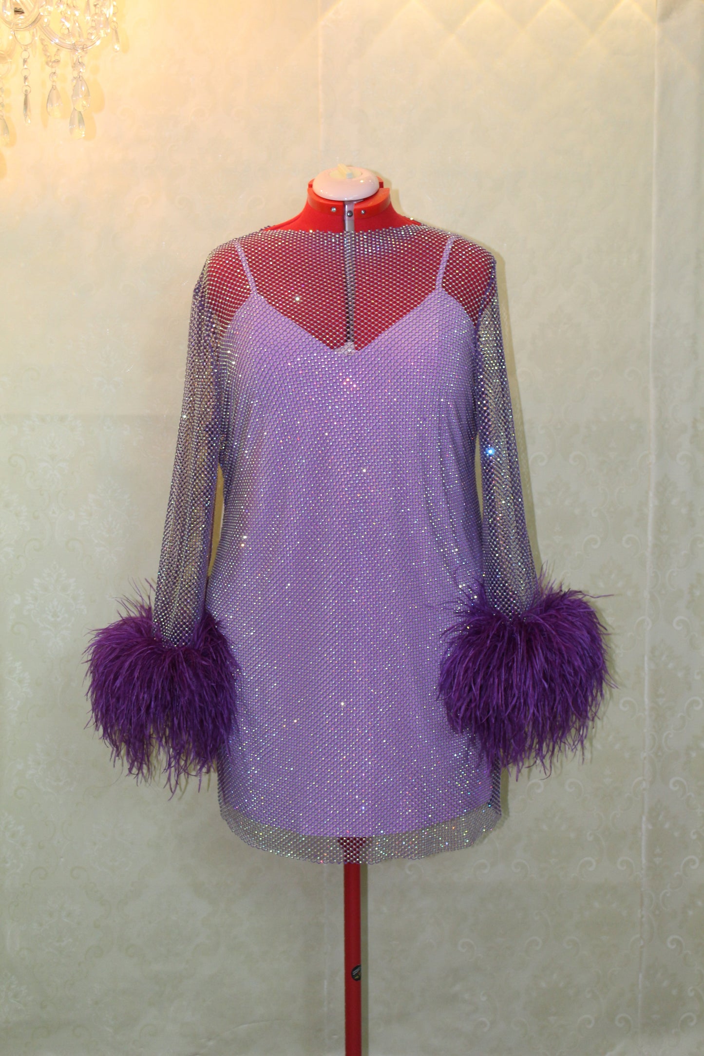 MARAYA Plus Size Purple Rhinestone Mesh Long Sleeve Mini Feather Dress With Slip Dress