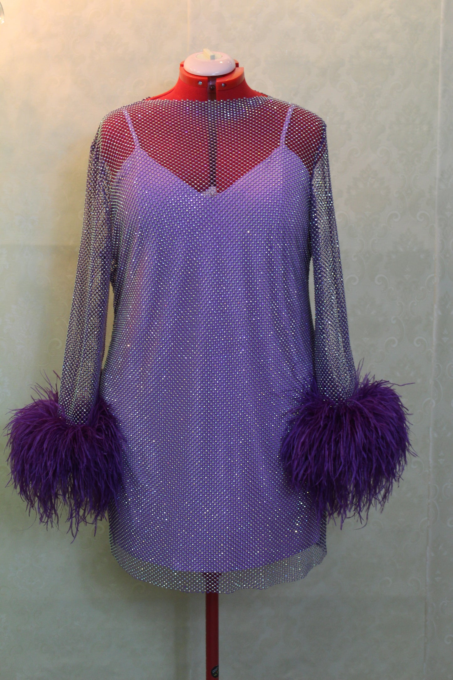 MARAYA Plus Size Purple Rhinestone Mesh Long Sleeve Mini Feather Dress With Slip Dress