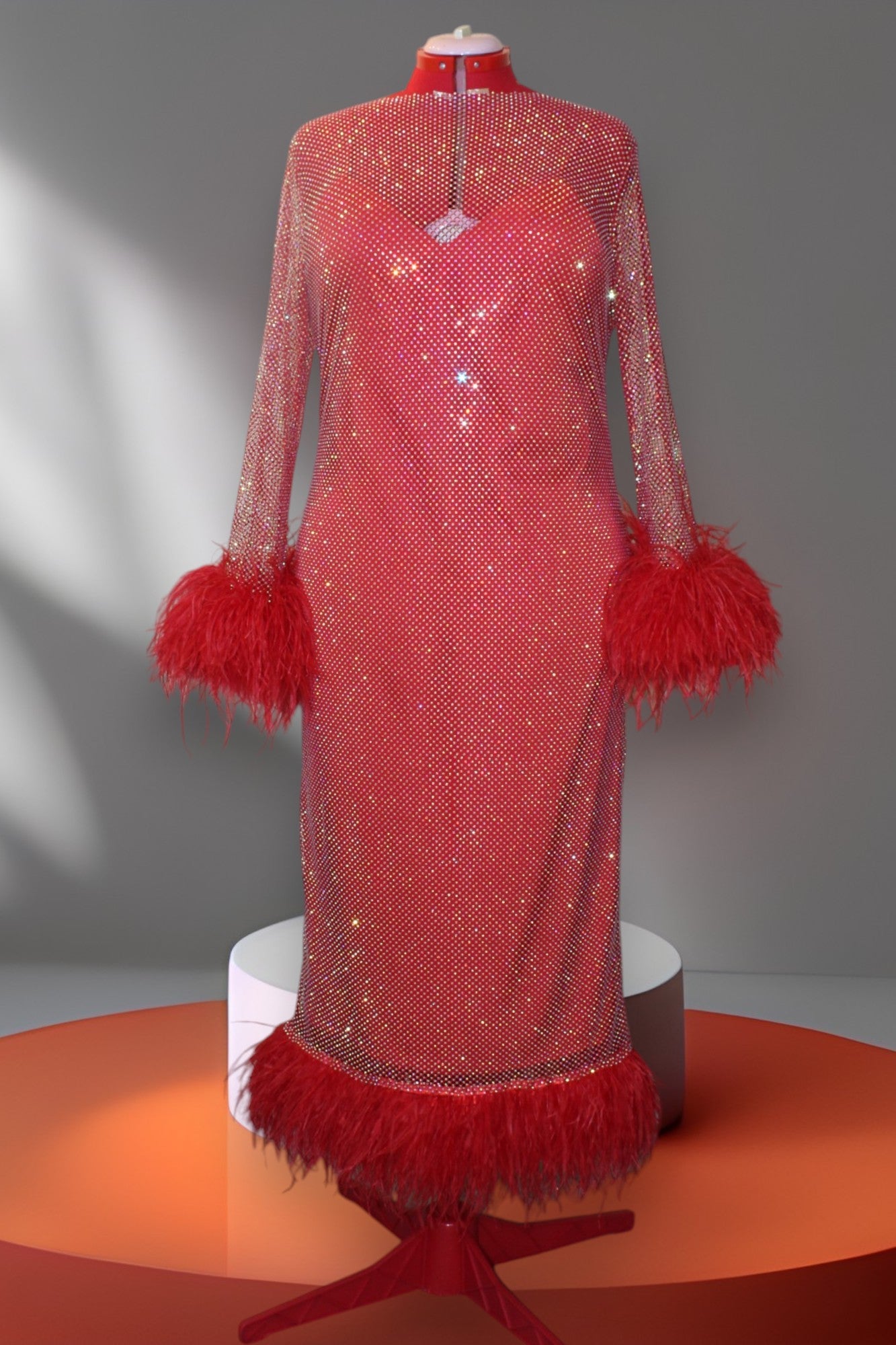 MARAYA Plus Size Red Rhinestone mesh Long Sleeve Mesh Maxi Dress With Slip dress
