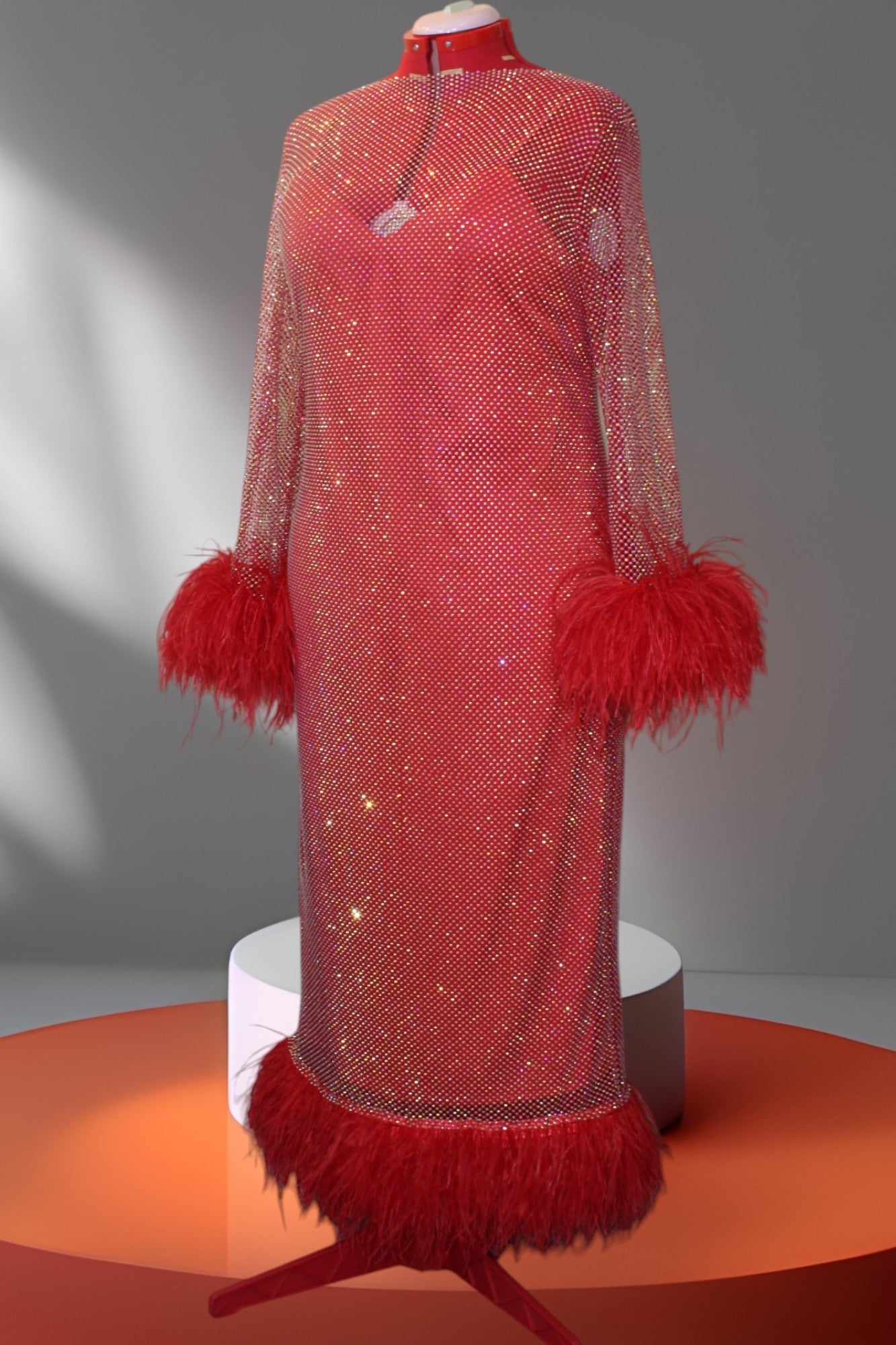 MARAYA Plus Size Red Rhinestone mesh Long Sleeve Mesh Maxi Dress With Slip dress