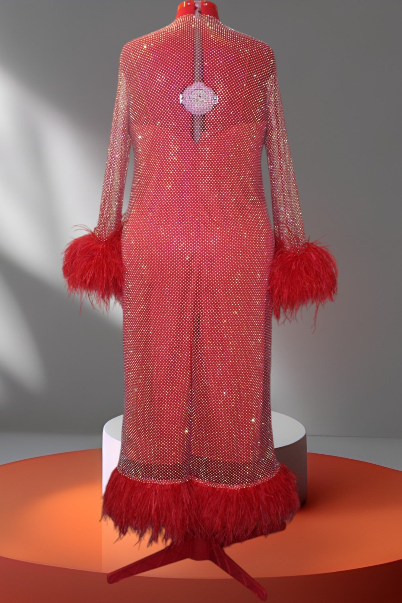 MARAYA Plus Size Red Rhinestone mesh Long Sleeve Mesh Maxi Dress With Slip dress