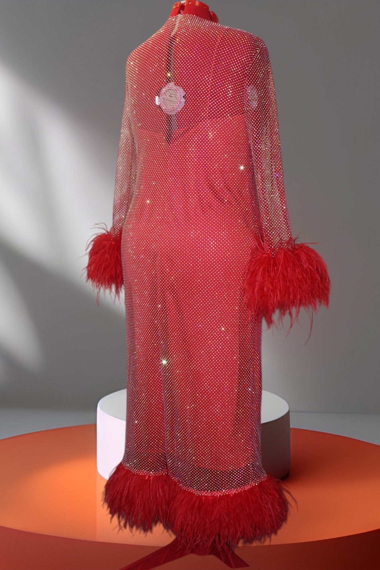 MARAYA Plus Size Red Rhinestone mesh Long Sleeve Mesh Maxi Dress With Slip dress