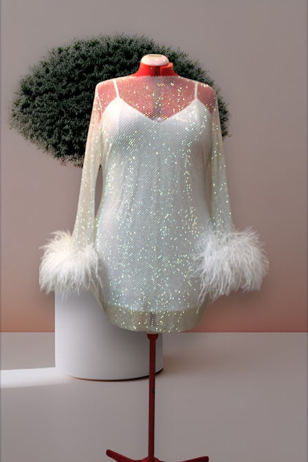 MARAYA Plus Size Rhinestone Mesh Long Sleeve Mini Feather Dress With Slip Dress