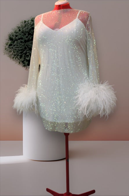 MARAYA Plus Size Rhinestone Mesh Long Sleeve Mini Feather Dress With Slip Dress