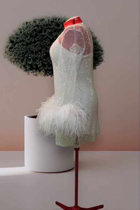 MARAYA Plus Size Rhinestone Mesh Long Sleeve Mini Feather Dress With Slip Dress