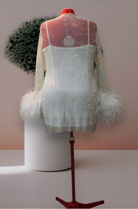 MARAYA Plus Size Rhinestone Mesh Long Sleeve Mini Feather Dress With Slip Dress