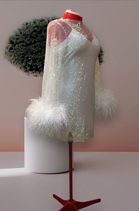 MARAYA Plus Size Rhinestone Mesh Long Sleeve Mini Feather Dress With Slip Dress