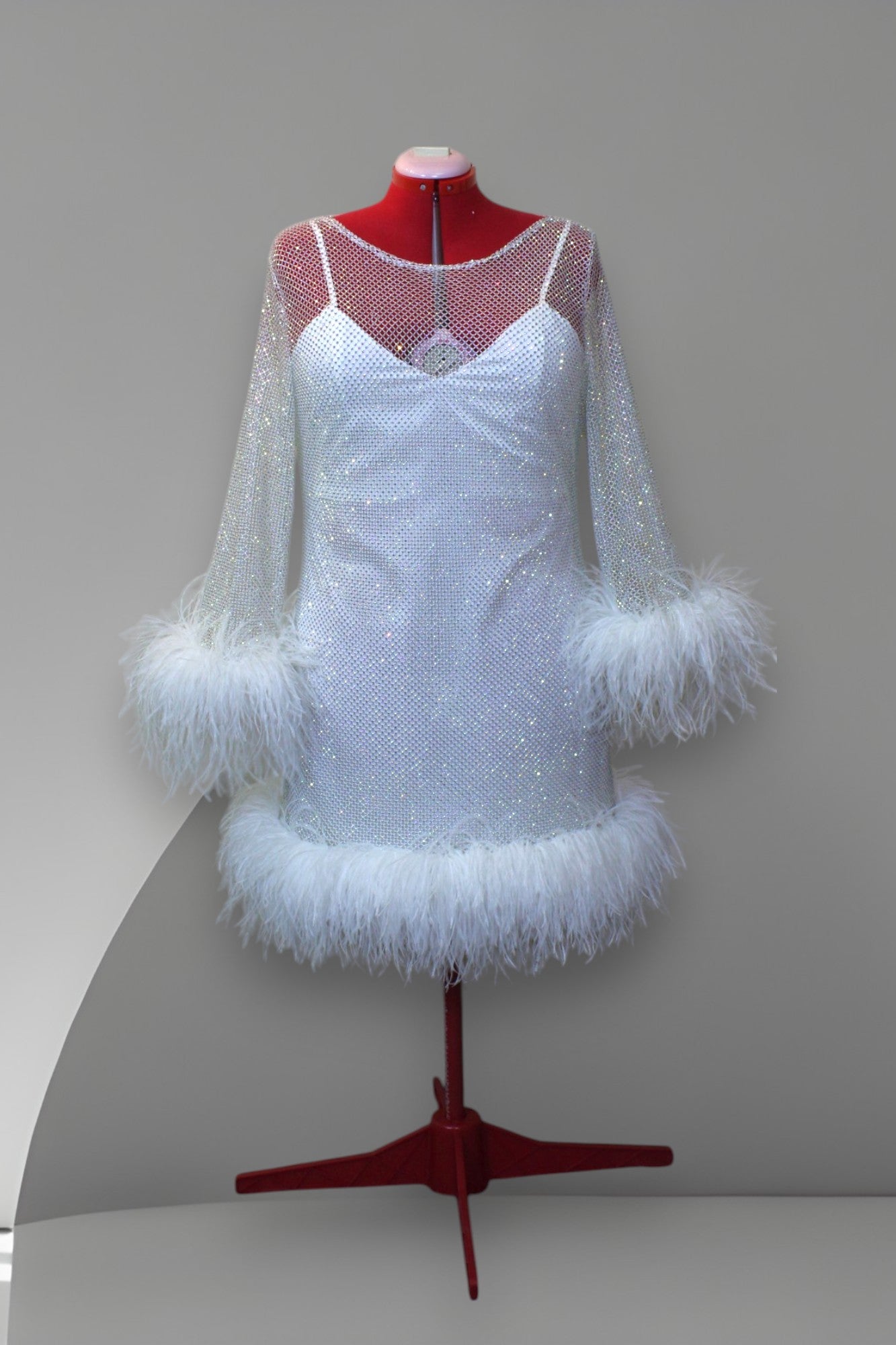 MARAYA Plus Size White Rhinestone Mesh Long Sleeve Bottom Mini Feather Dress