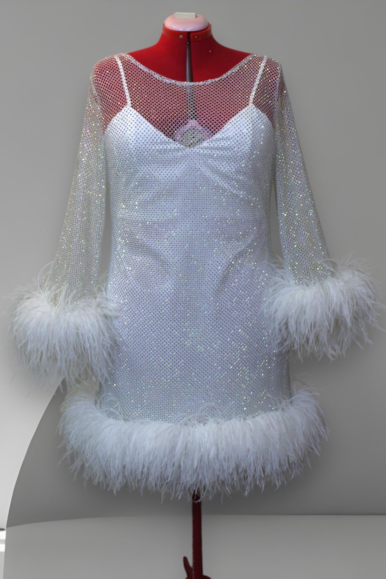 MARAYA Plus Size White Rhinestone Mesh Long Sleeve Bottom Mini Feather Dress