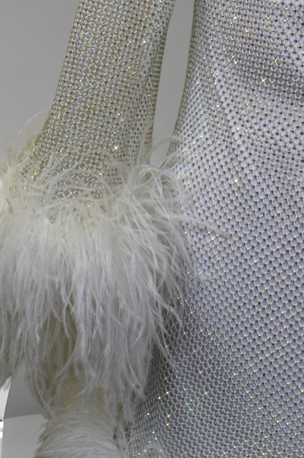 MARAYA Plus Size White Rhinestone Mesh Long Sleeve Bottom Mini Feather Dress