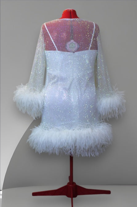 MARAYA Plus Size White Rhinestone Mesh Long Sleeve Bottom Mini Feather Dress