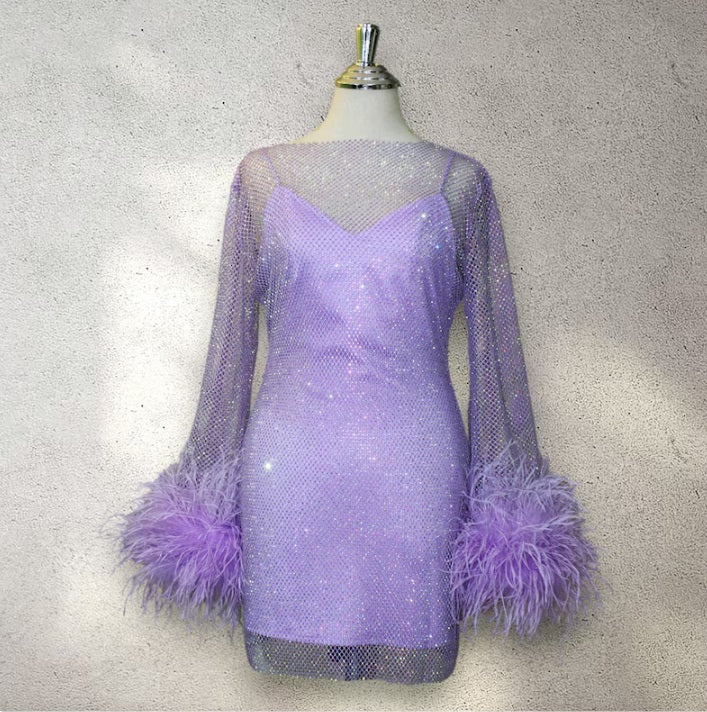 MARAYA Purple Rhinestone Mesh Feather Mini Dress