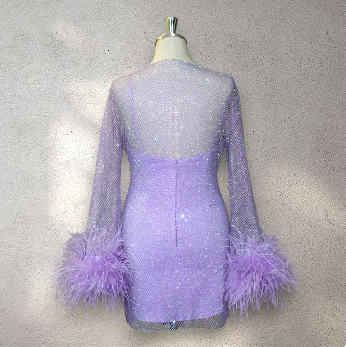 MARAYA Purple Rhinestone Mesh Feather Mini Dress