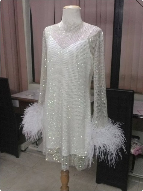 MARAYA Rhinestone Mesh Long Sleeve Mini Dress With Slip dress