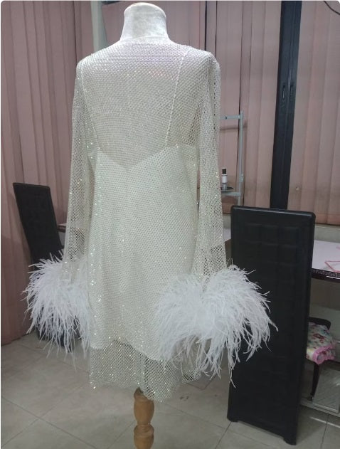 MARAYA Rhinestone Mesh Long Sleeve Mini Dress With Slip dress