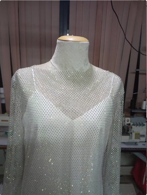 MARAYA Rhinestone Mesh Long Sleeve Mini Dress With Slip dress