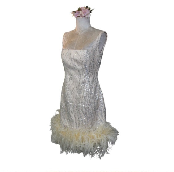 MARAYA Square Neck Nude Sequin Wedding Mini Dress