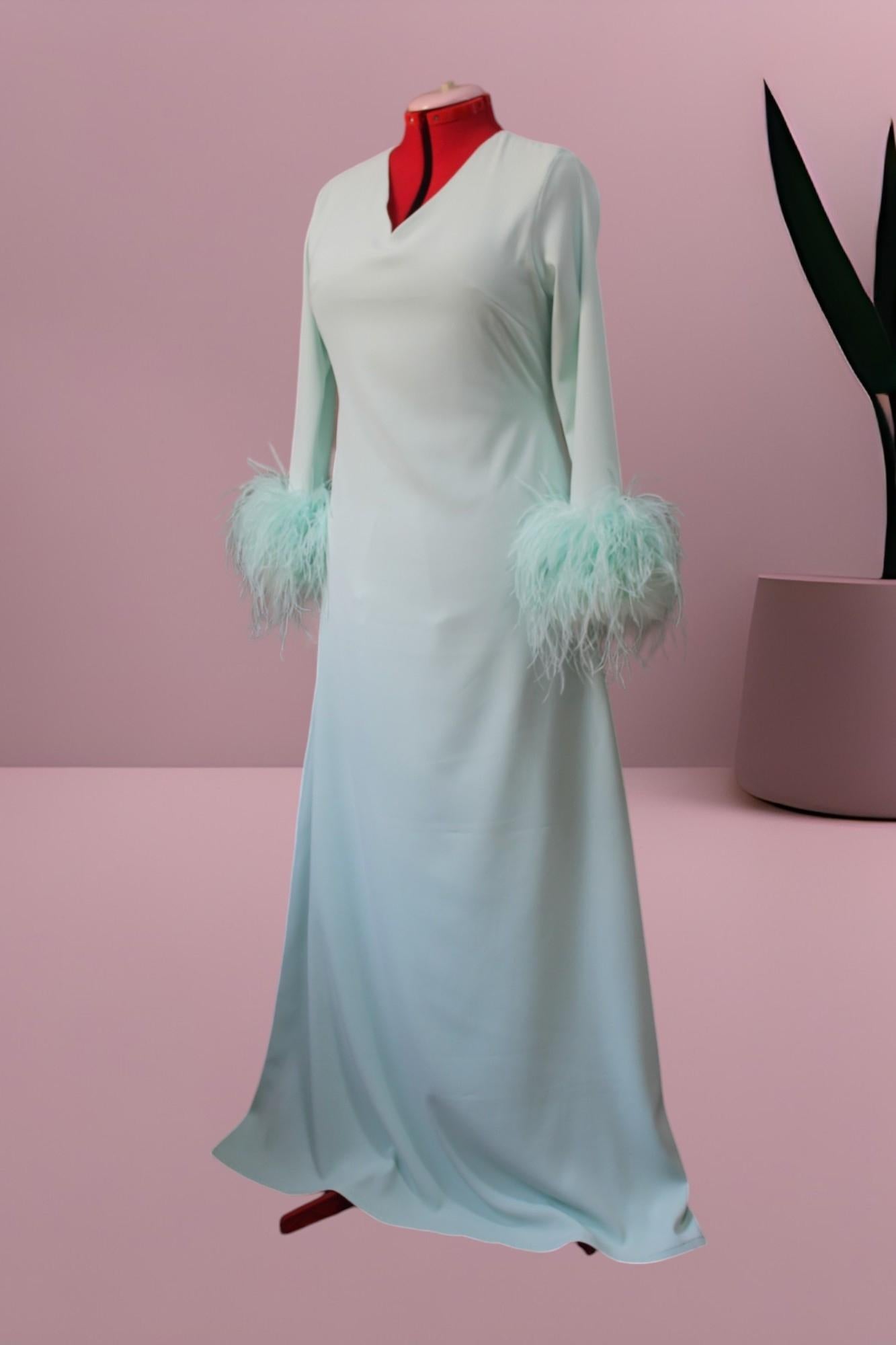 MARAYA V-Neck Feather Cuff A-Line Skirt Maxi Dress