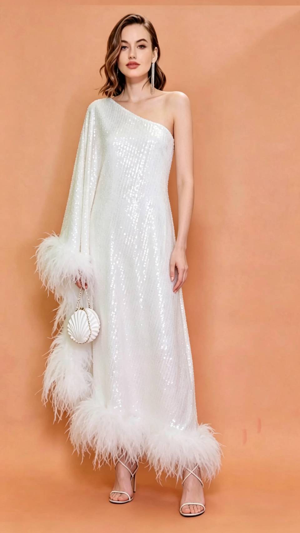MARAYA White Sequin One-Shoulder Maxi Dress – THEIDEACRAFTS: Feather Dress | Elegant & Sexy Dress