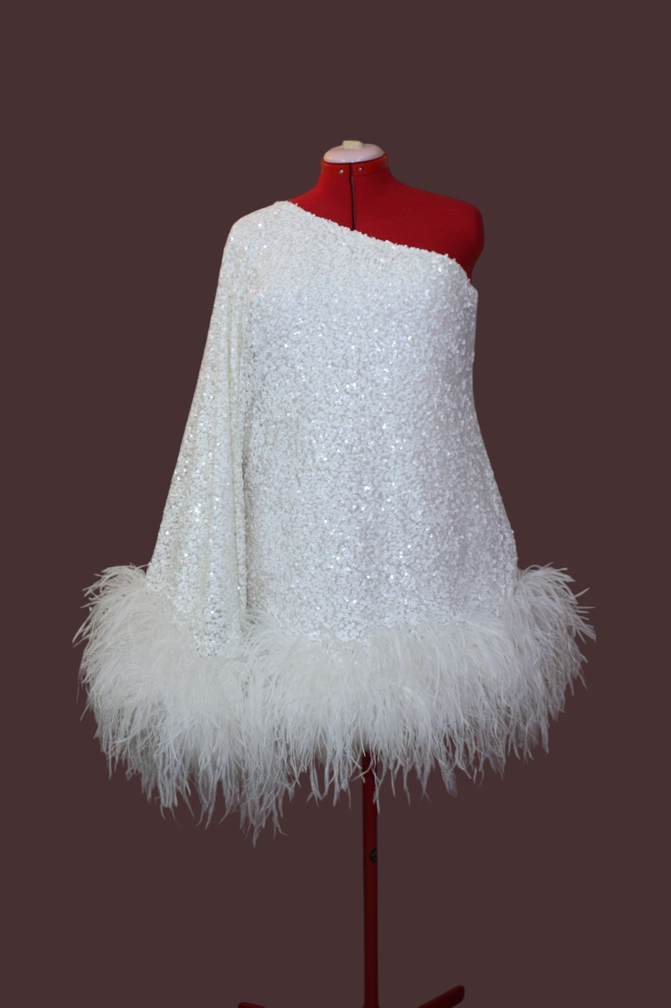 MARAYA White Sequin One-Shoulder Mini Feather Dress