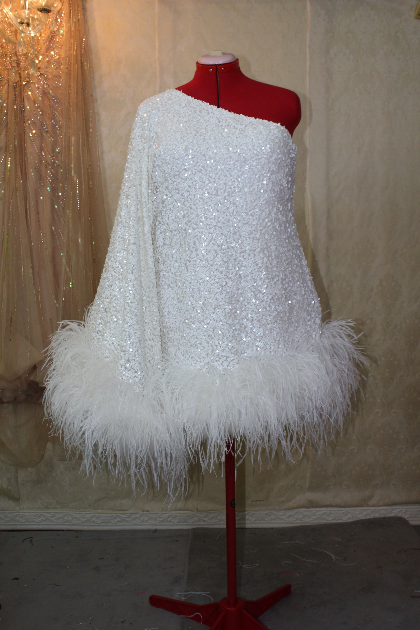 MARAYA White Sequin One-Shoulder Mini Feather Dress